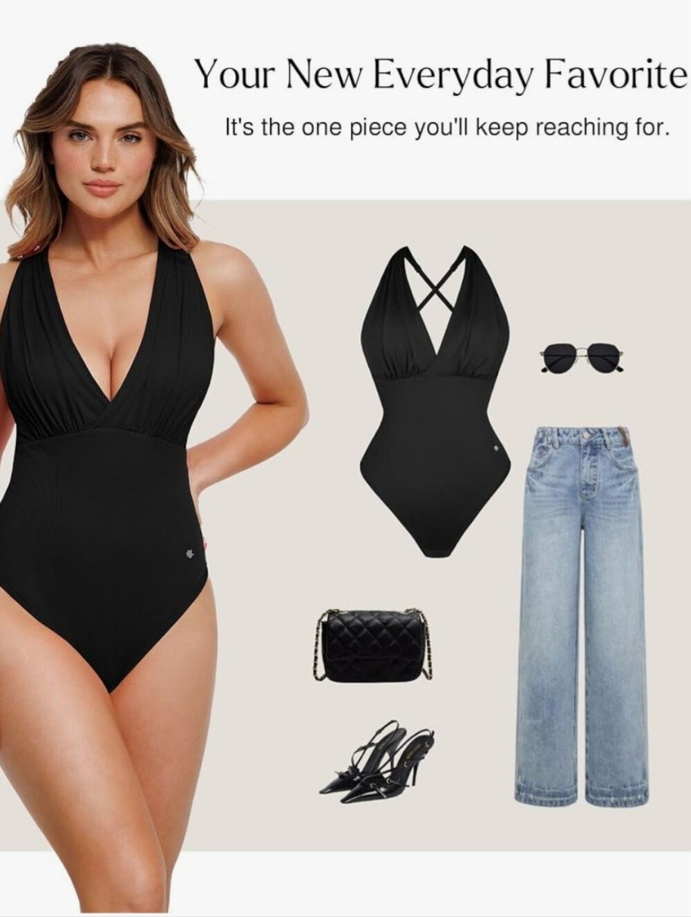 New L Popilush Black V-Neck Tummy Control Halter Bodysuit - Picture 3 of 10